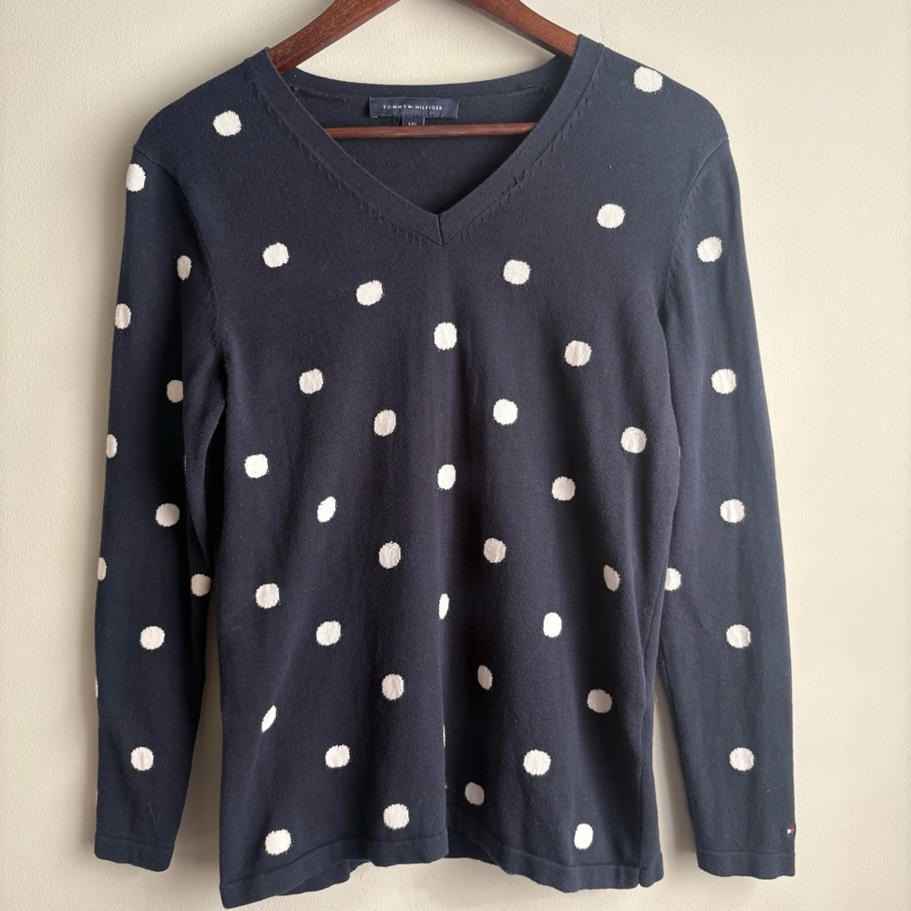 Tommy Hilfiger Navy Polka Dot V Neck Sweater Womens Large Cotton Knit